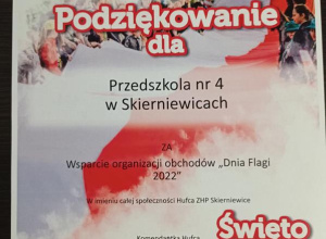 Podziękowanie dla Przedszkola nr 4 za udział w Dniu Flagi